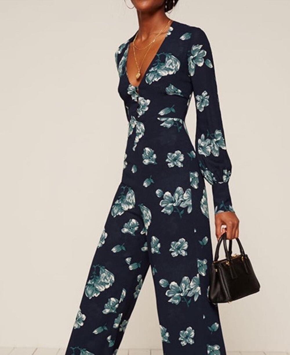 NWT Reformation Camellia Jumpsuit 8 Navy Blue Floral Wide Leg Viscose Long Slv